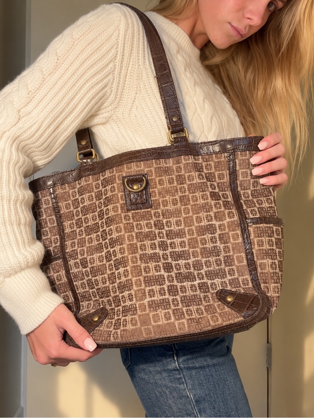 Worthington Brown Monogram Shoulder Tote Bag – Y2K Vintage Style